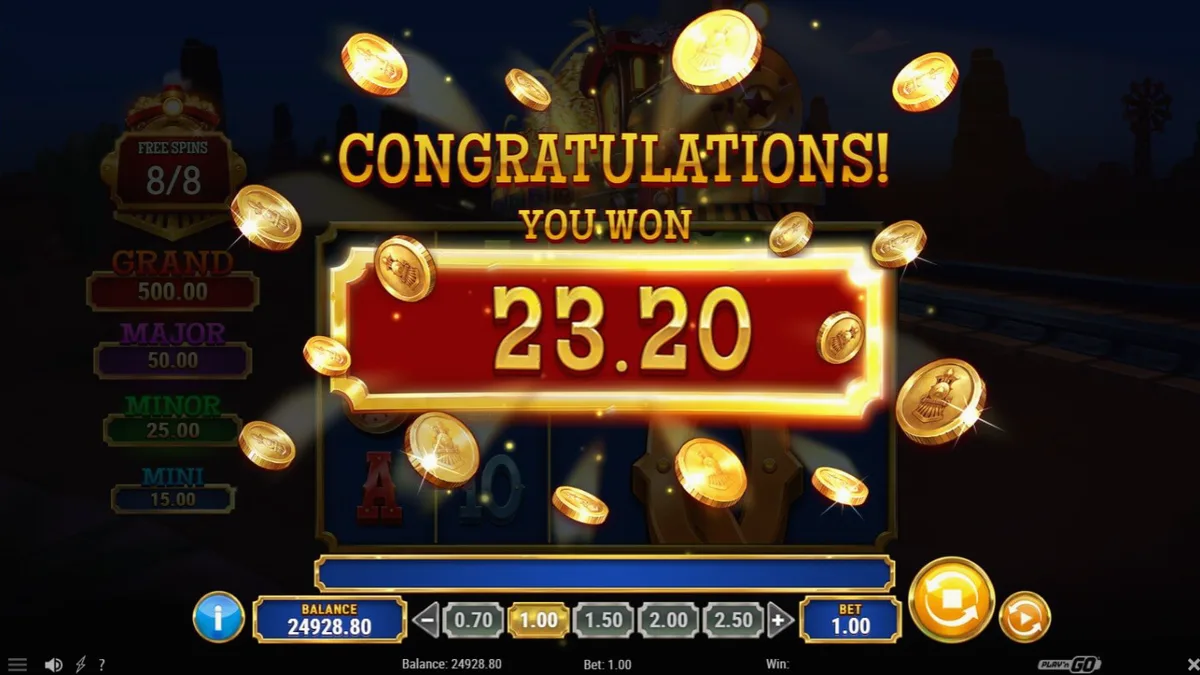 Tampilan visual slot Track’n Gold dengan tema kereta api uap di latar belakang gurun.
