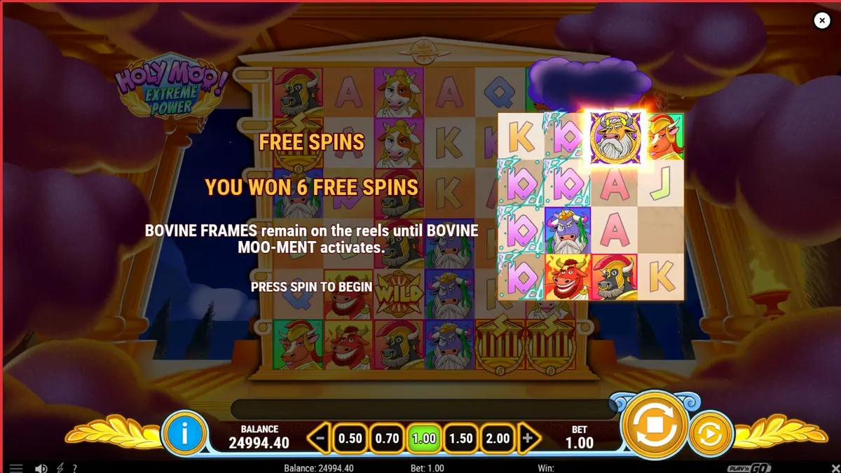 Tampilan visual slot Holy Moo! Extreme Power dengan karakter dewa sapi yang lucu