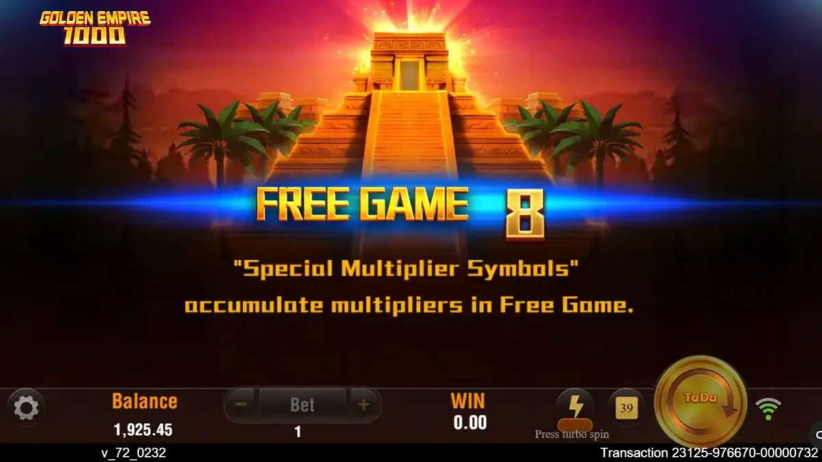 Pemandangan piramida kuno dan simbol emas dalam permainan slot Golden Empire 1000
